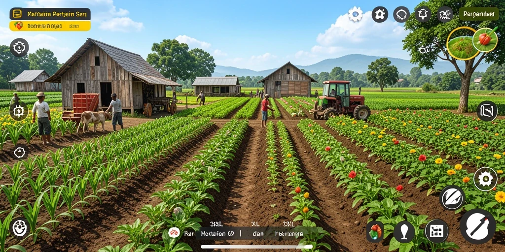 Tangkapan layar gameplay menampilkan kebun subur yang dikelola dengan baik.