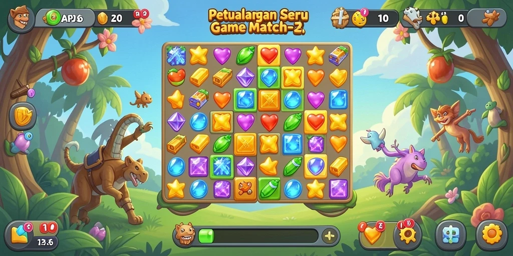 Screenshot menunjukkan aksi seru permainan Match-3 yang mengasyikkan.