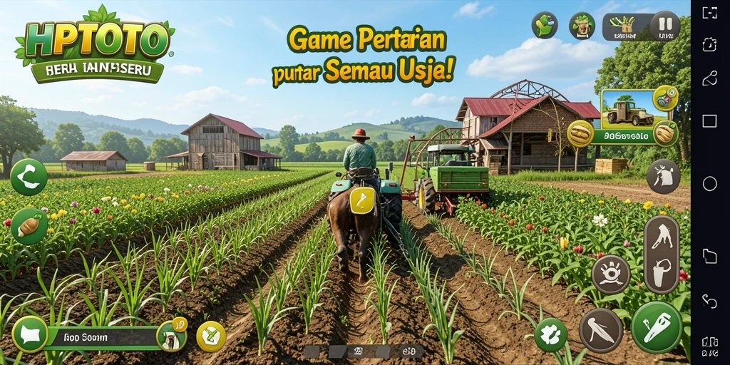Tampilan screenshot utama HPTOTO menampilkan gameplay bertani yang interaktif.